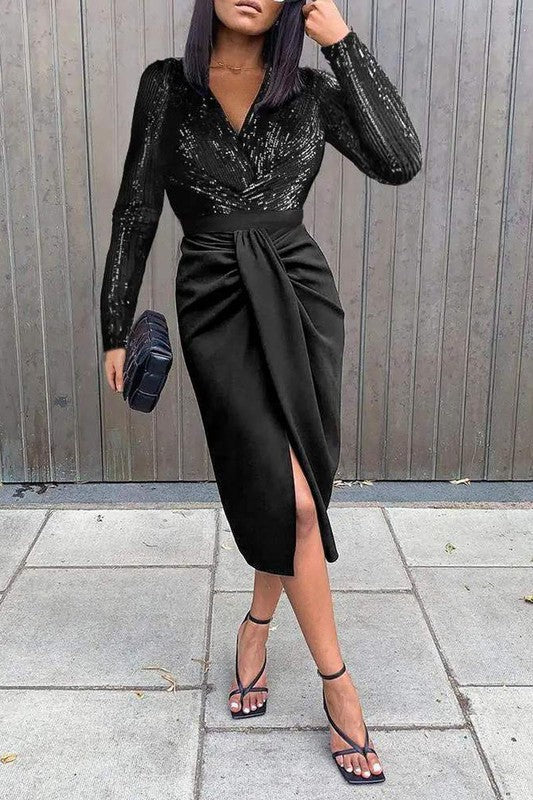 Contrast Sequin Long Sleeve Ruched Party Dress
