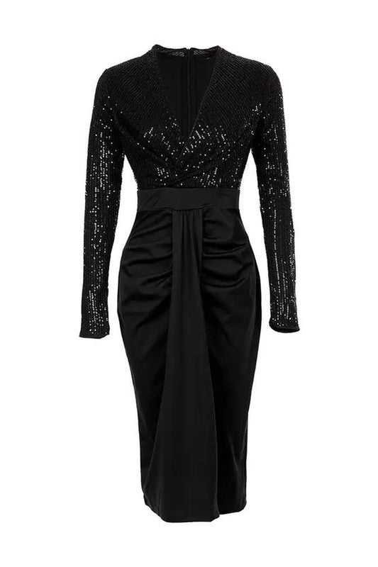 Contrast Sequin Long Sleeve Ruched Party Dress