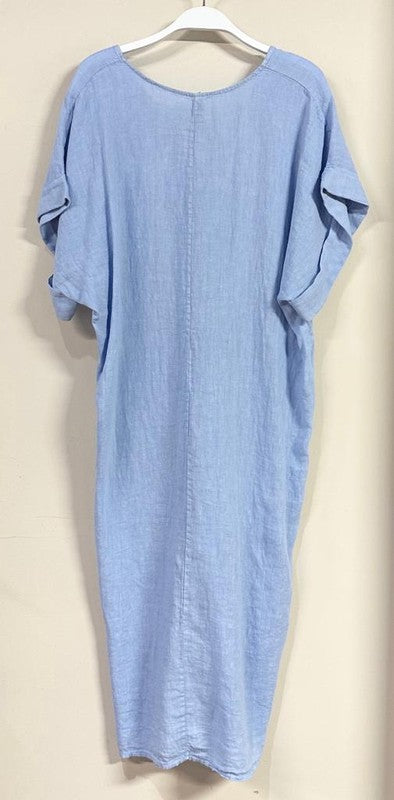 Front Twist Cuffed Short Sleeve Cotton Linen Dress
