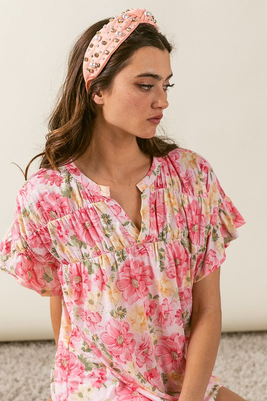 Floral Jersey Shirred V Neck Ruffled Top