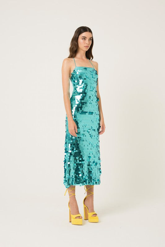 Monique High Shine Spaghetti Strap Midi Dress