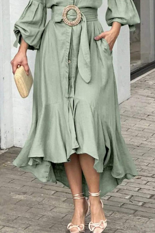 Lantern Sleeve Ruffle Hem Pocket Design Maxi Dress