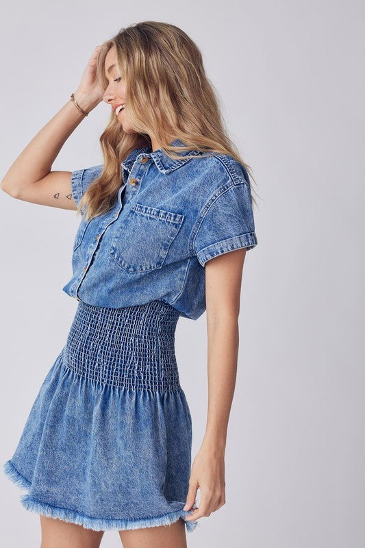 Button Up Smocking Waist Denim Mini Dress