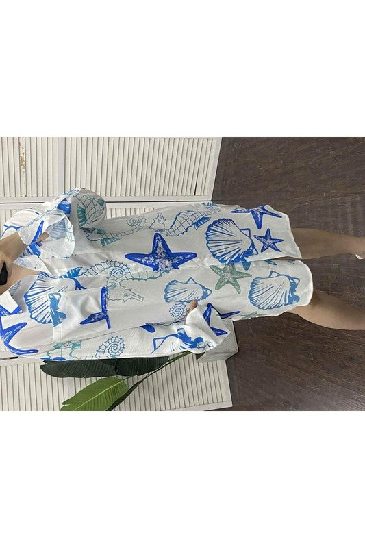 Hippocampus Shell Print Long Sleeve Shirt Dress