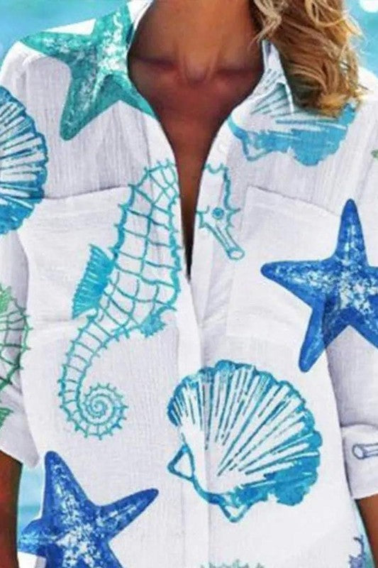 Hippocampus Shell Print Long Sleeve Shirt Dress