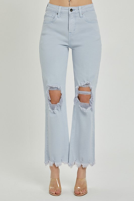 High Rise Knee Distressed Straight Pants