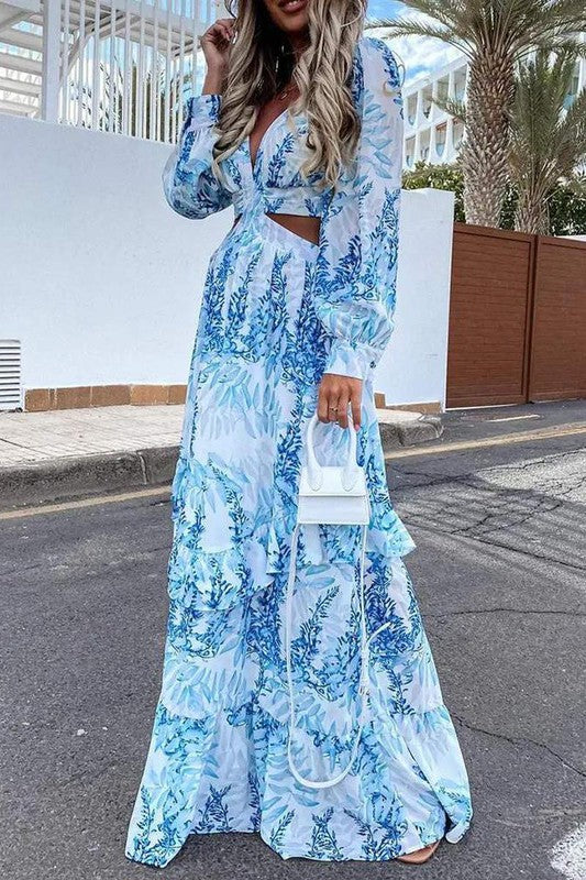 Print Cutout Waist Lantern Sleeve Maxi Dress