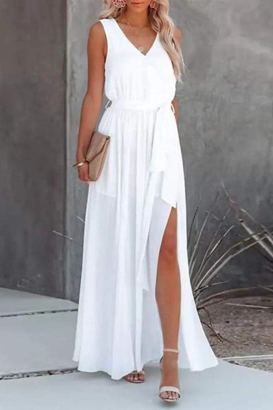 Sleeveless V Neck High Slit Belted Casual Dress