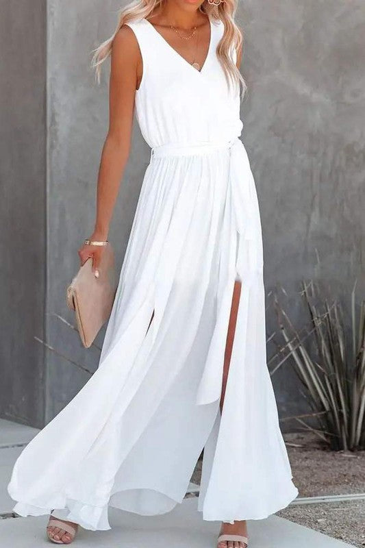 Sleeveless V Neck High Slit Belted Casual Dress