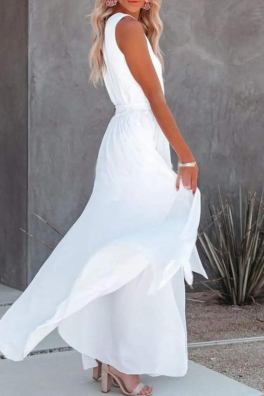 Sleeveless V Neck High Slit Belted Casual Dress