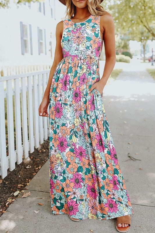 Vfloral Print High Waist Sleeveless Maxi Dress
