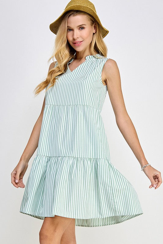 V-Neck Sleeveless Tiered Stripe Short Dress