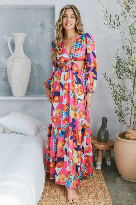 O Ring Cut0Ut Waist Printed Maxi Dress