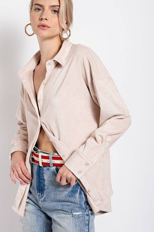 Faux Suede Button Down Hi Low Shirt