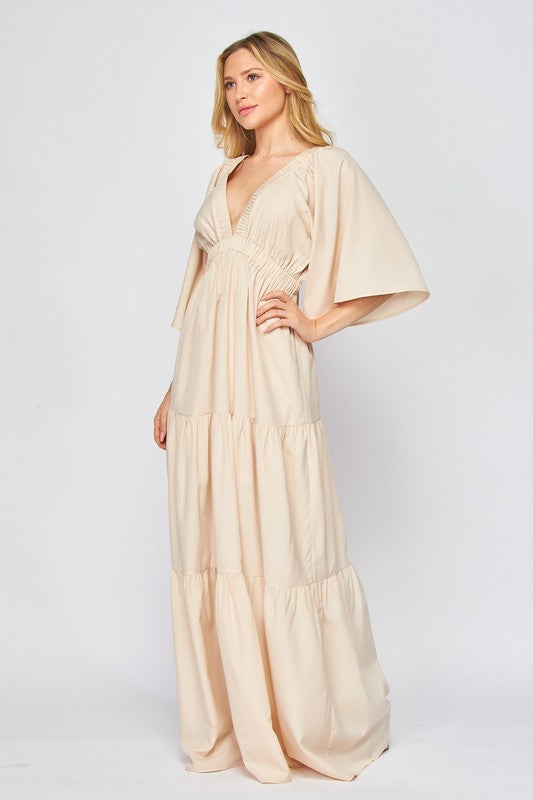 Elbow Sleeve V Neck Open Back Maxi Dress
