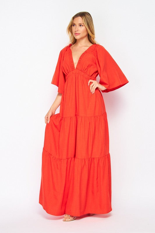 Elbow Sleeve V Neck Open Back Maxi Dress
