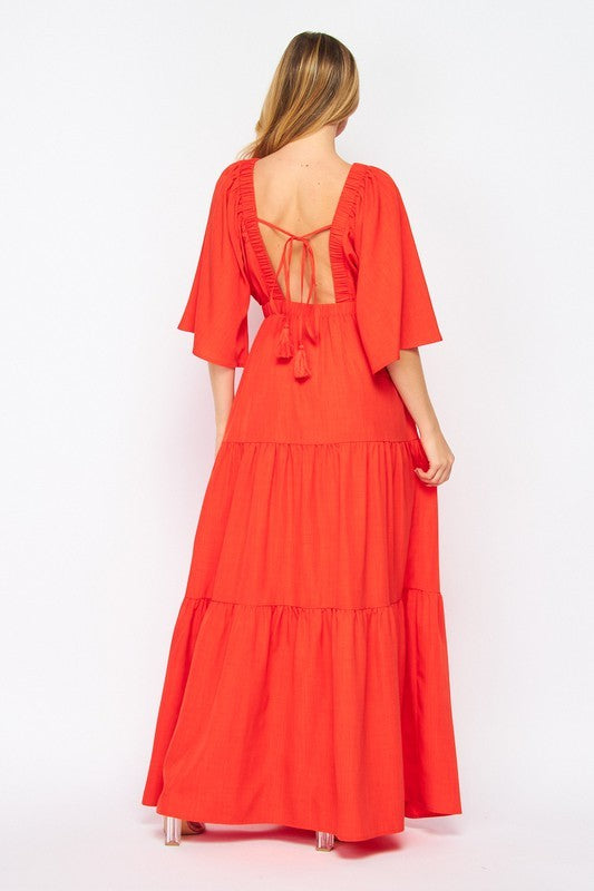 Elbow Sleeve V Neck Open Back Maxi Dress