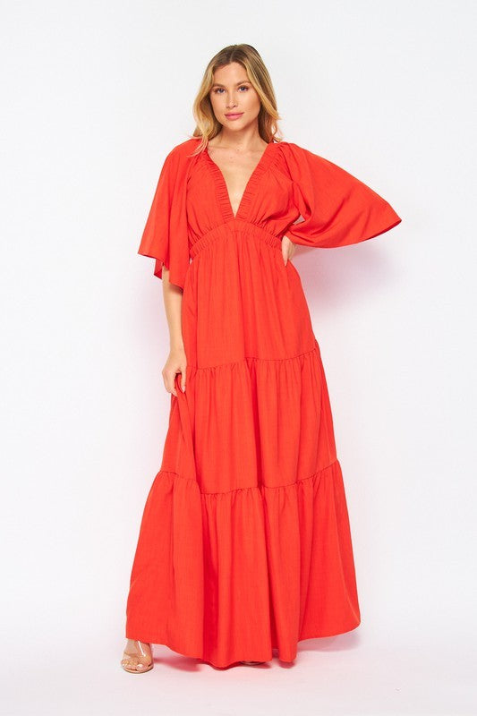 Elbow Sleeve V Neck Open Back Maxi Dress