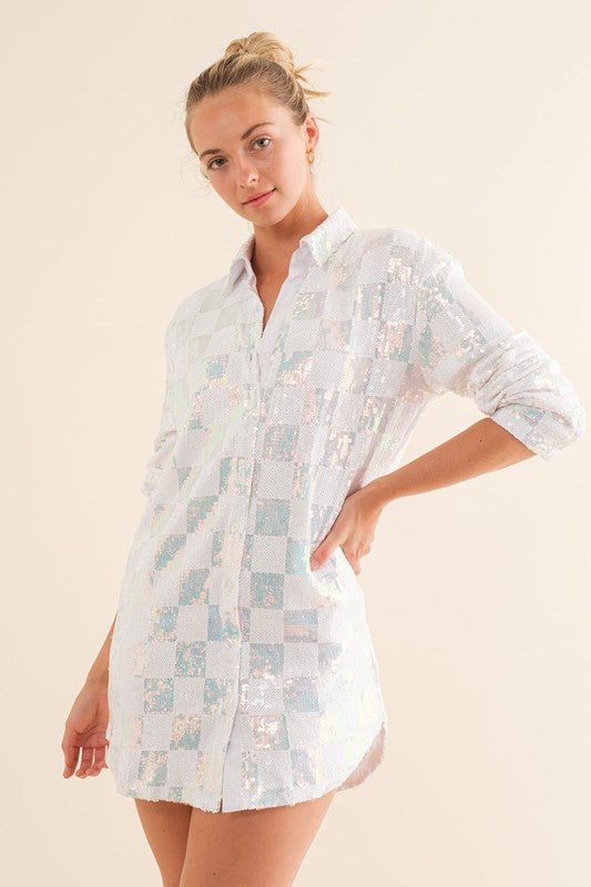 Plaid Pattern Sequin Button Down Shirt Dress
