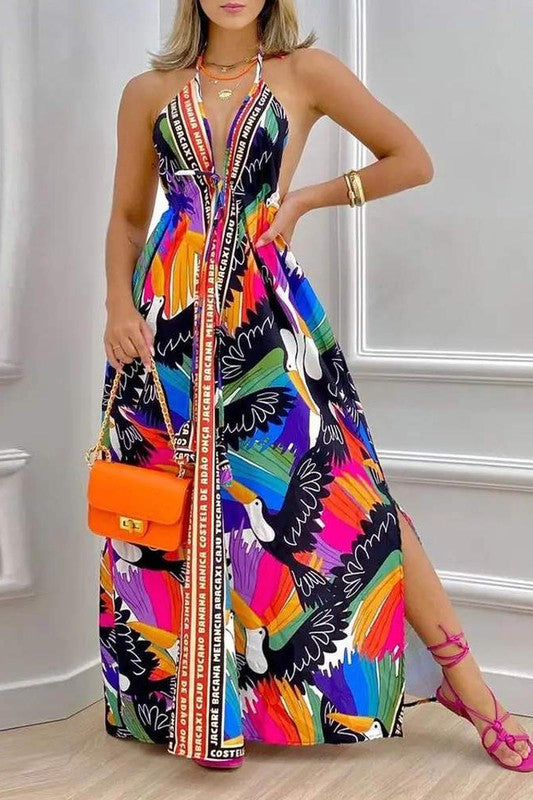 Bird Print Halter Backless Split Hem Maxi Dress