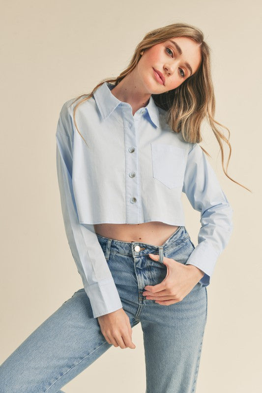 Solid Button Down Crop Collared Shirt