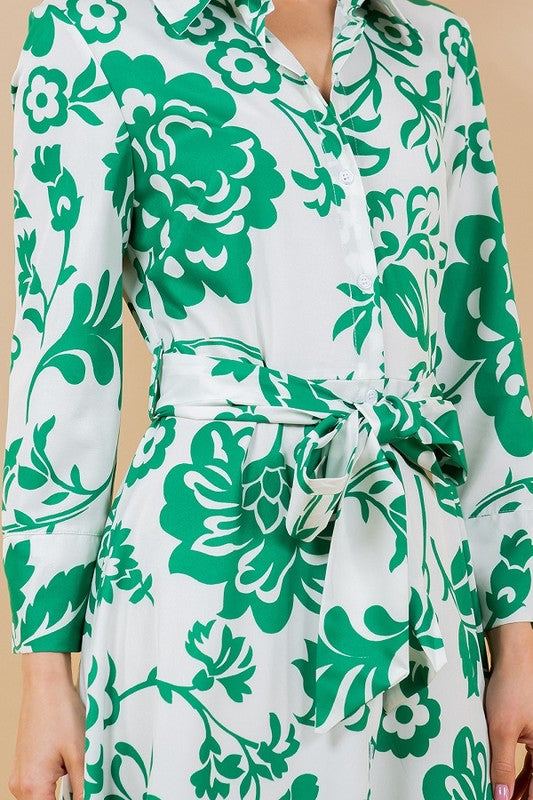 Floral Print Long Sleeve Belted Shirt Dress