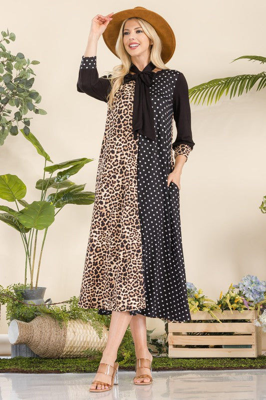 Leopard And Polka Tent Midi-Dress With Tie