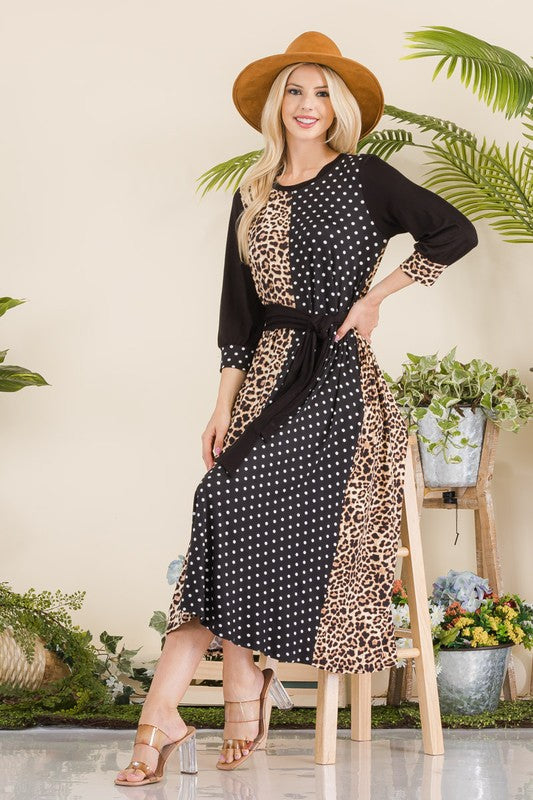 Leopard And Polka Tent Midi-Dress With Tie