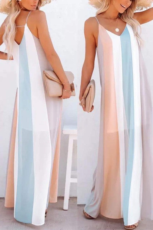 Colorblock Striped Print Chiffon Cami Dress