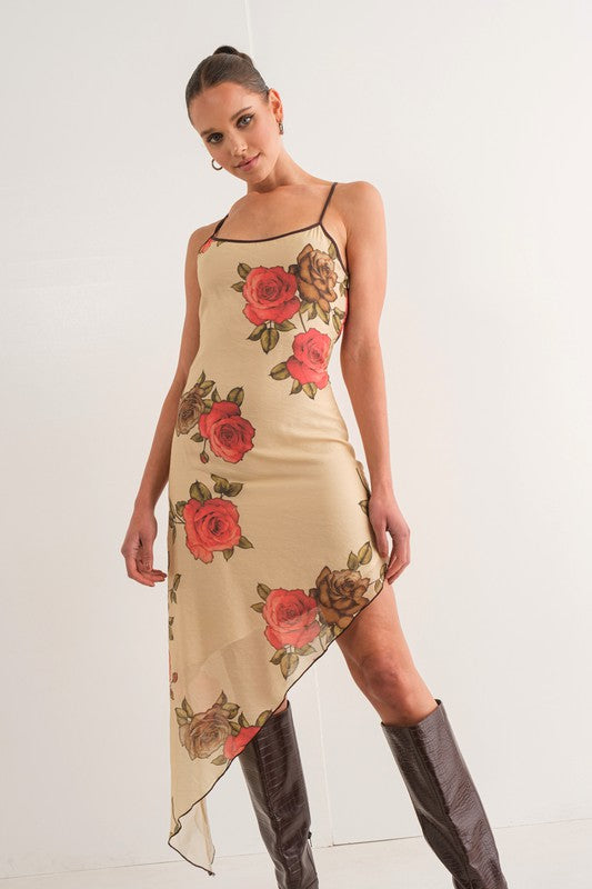 Asymmetrical Rose Print Dress