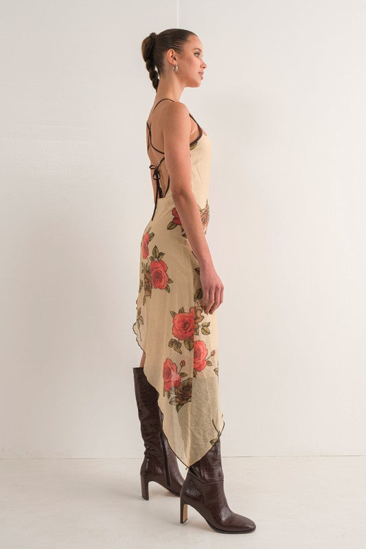 Asymmetrical Rose Print Dress