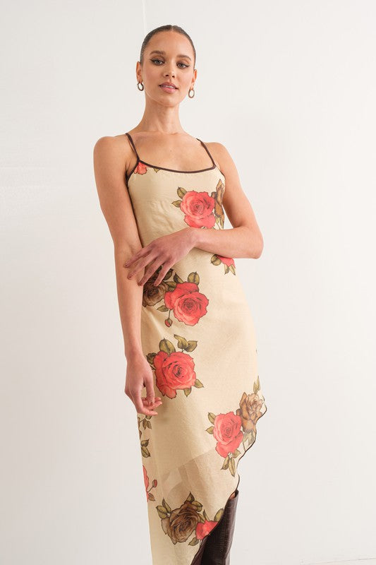 Asymmetrical Rose Print Dress