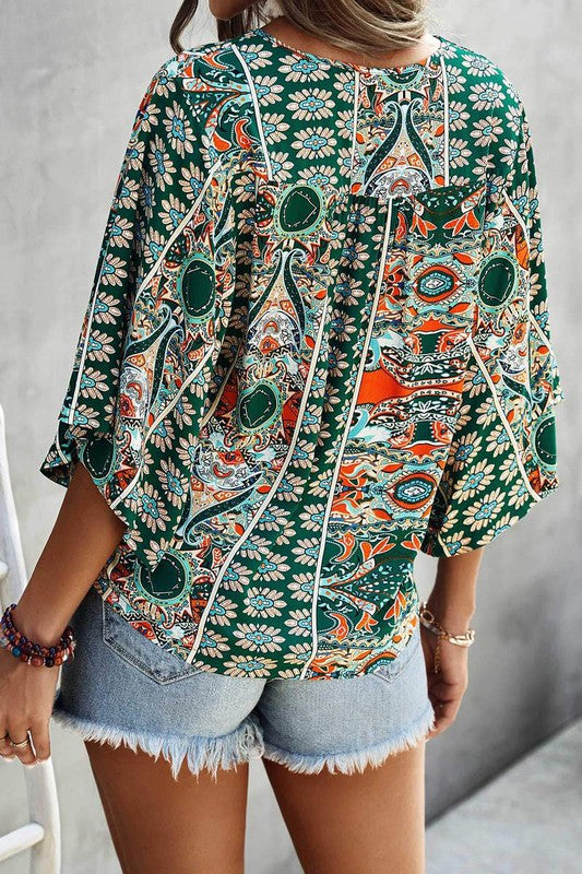 Allover Print Batwing Sleeve Blouse