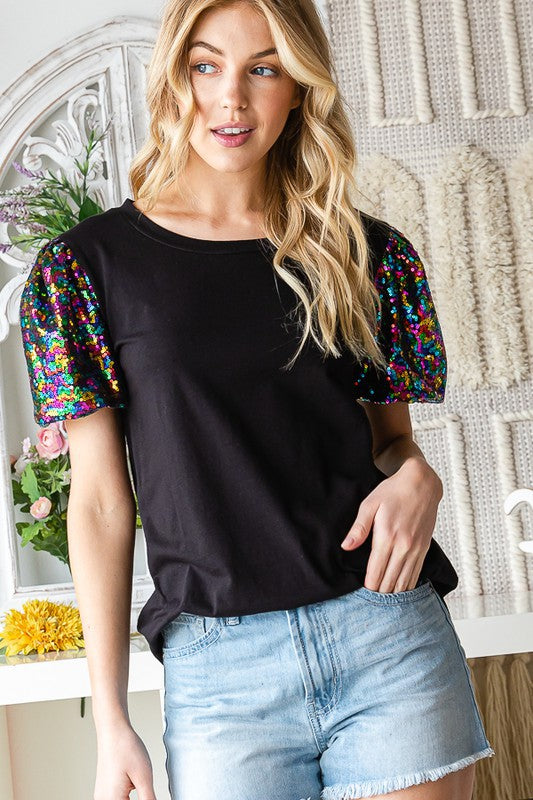 Puff Sequenced Sleeves Round Neck Top