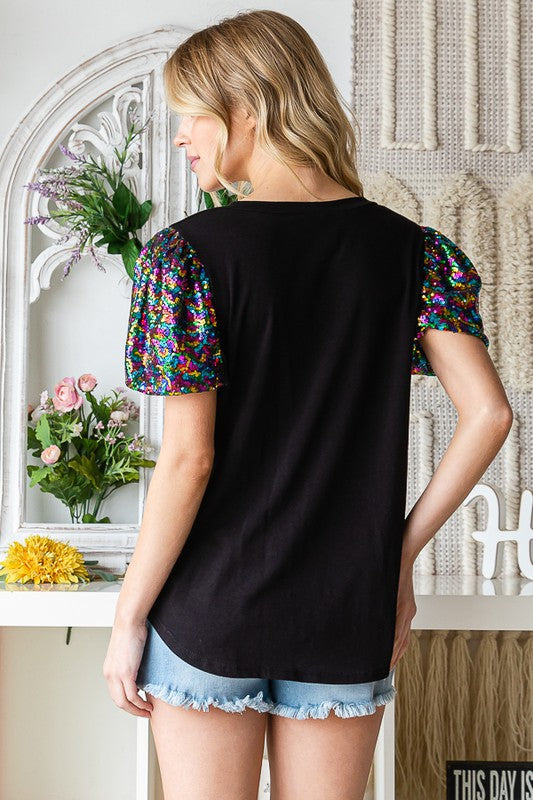 Puff Sequenced Sleeves Round Neck Top