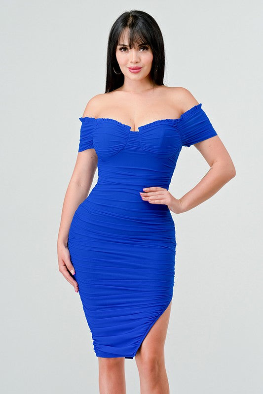 Mesh Off The Shoulder Side Slit Bodycon Midi Dress