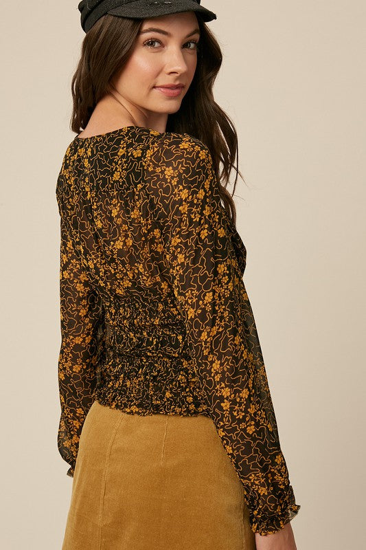 Floral Printed Square Neck Smocking Blouse Top