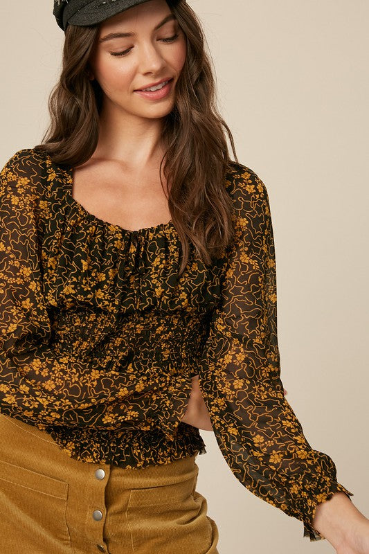 Floral Printed Square Neck Smocking Blouse Top