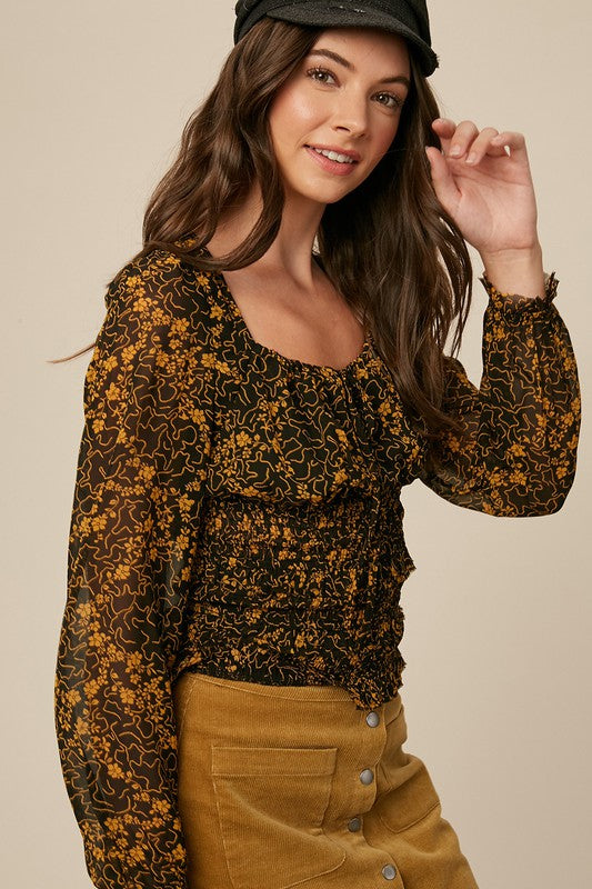 Floral Printed Square Neck Smocking Blouse Top
