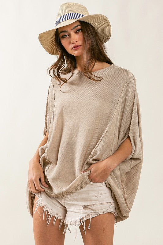 Dolman Sleeve Rib Textured Sweater