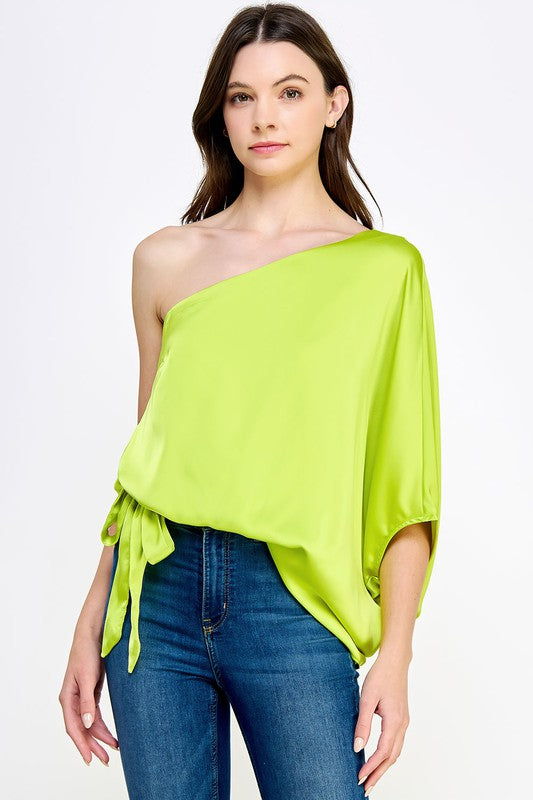 One Shoulder Side Tie Draped Satin Top