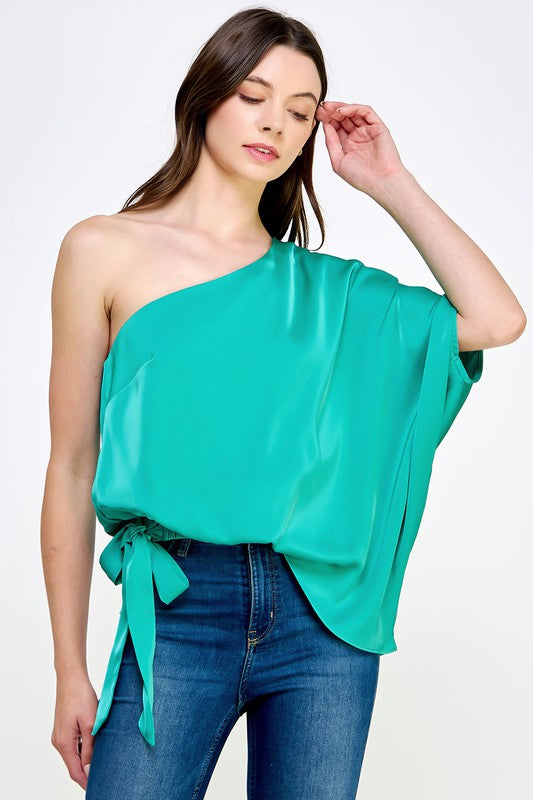 One Shoulder Side Tie Draped Satin Top