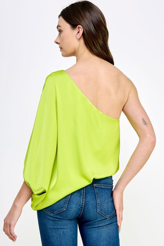 One Shoulder Side Tie Draped Satin Top