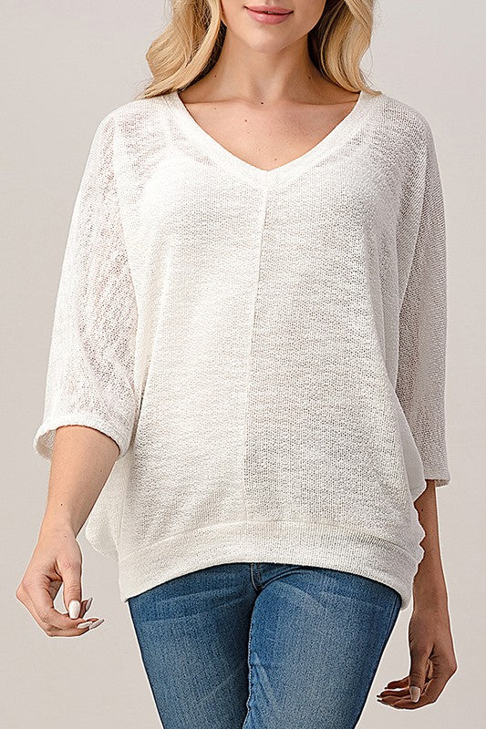 T466 3/4 Dolman Sleeve Slub Sweater Knit Top