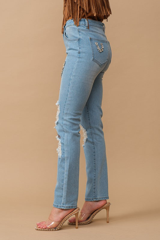 Rhinestone Embellishment W/ Western Mid Rise Jeans