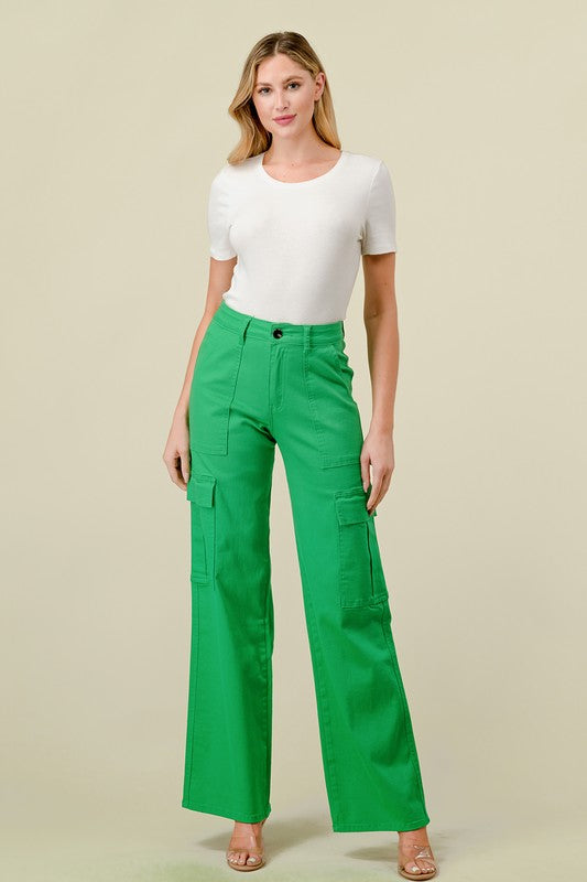 High Waisted Super-Stretch Colored Cargo Jeans