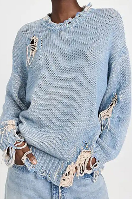 Long-Sleeved Distressed Sweater