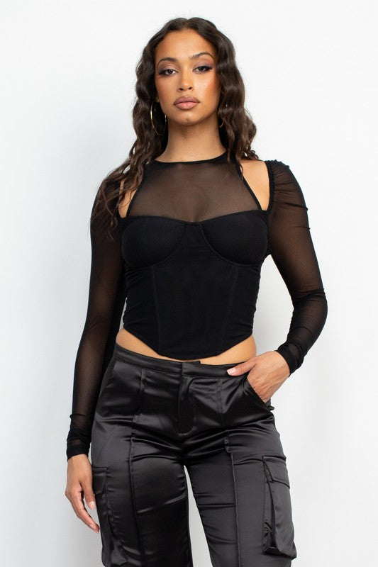 Mesh Cutour Long Sleeve Corset Top