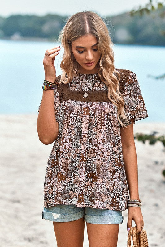 Lace Floral Round Neck Ruffle Loose Fit Top