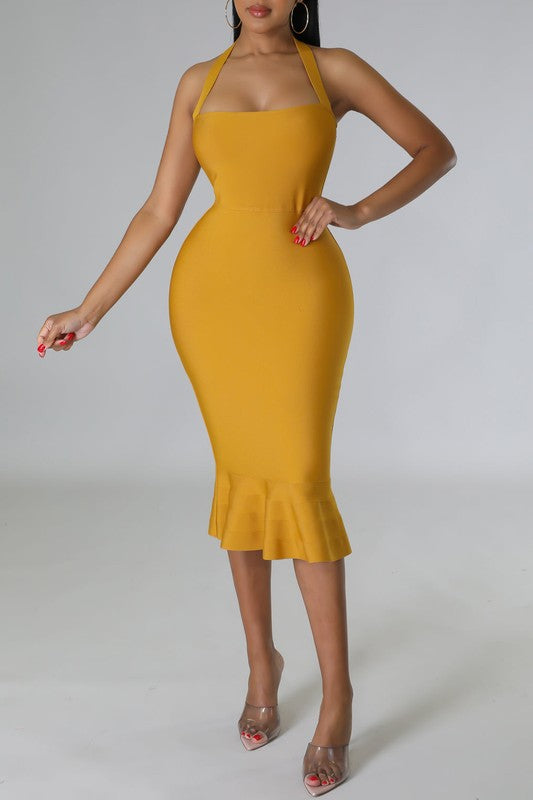Halter Neck Open Back Bodycon Midi Dress